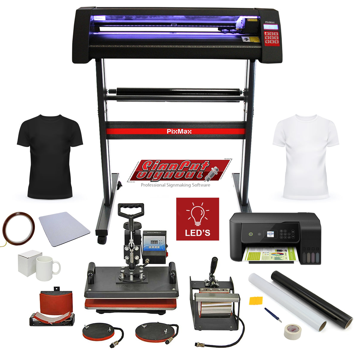 PixMax Da Vinci Set 5 in 1 mit Transferpresse, Vinyl Plotter, Drucker, T-Shirts, Tassen und Zubehör in verschiedenen Farben und Materialien