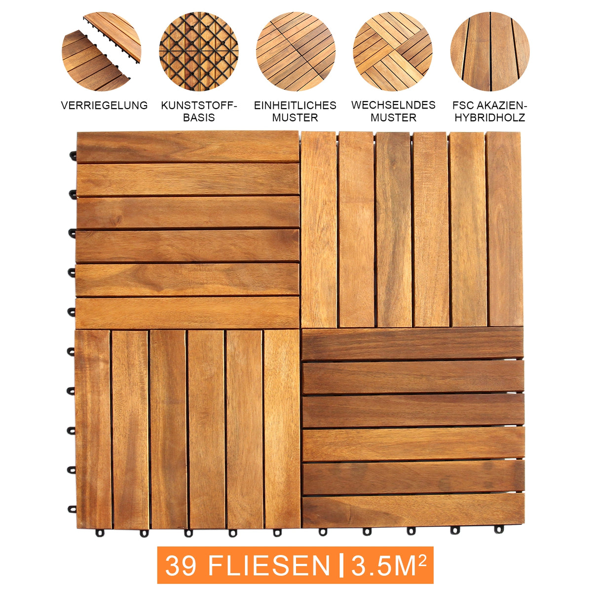 Holzfliesen aus Akazienholz in verschiedenen Mustern, warmes Braun, glatte Oberfläche, ideal für Terrassen und Innenräume, FSC-zertifiziert