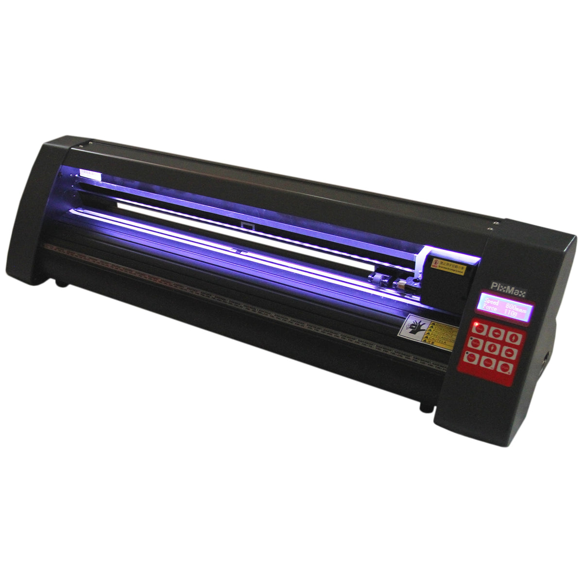 Schwarzer 720mm LED Schneideplotter mit leuchtendem Bedienfeld, präzisen Schneidern und robustem Gehäuse, ideal für kreative Projekte und Transferdruck