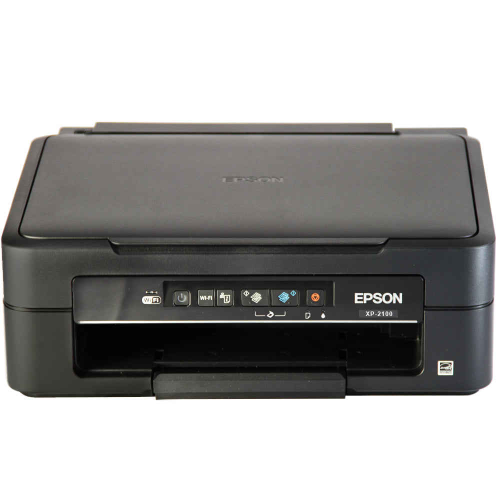 Schwarzer Epson-Drucker XP-2100 mit Bedienelementen, der kompakt und modern gestaltet ist, ideal für den Einsatz mit einer 38-cm-Klapppresse und Vinylschneider