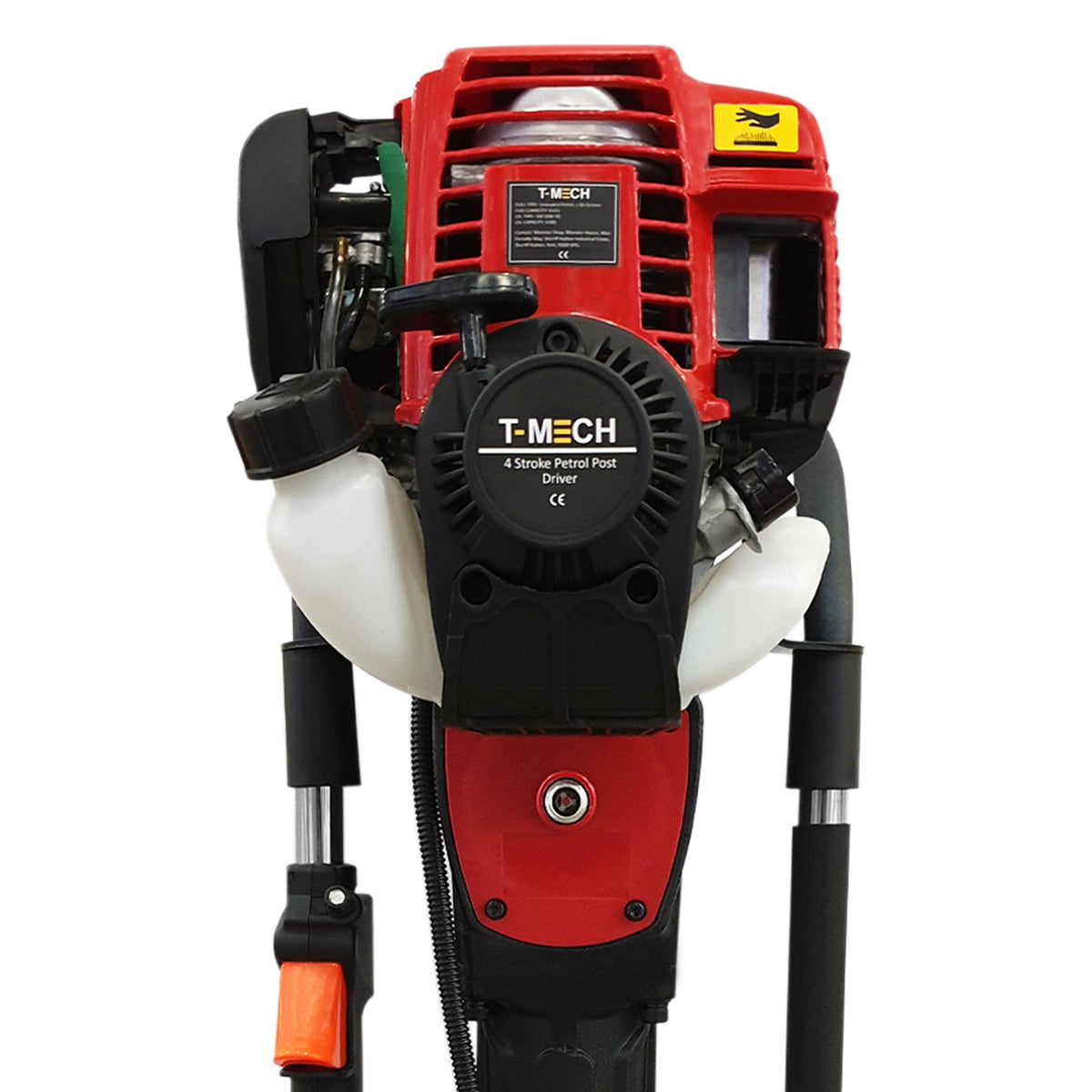 T-Mech 4-Takt Pfahlramme in leuchtendem Rot und Schwarz, mit robustem Motor, ergonomischem Griff und stabilen Gummifüßen für präzises Arbeiten