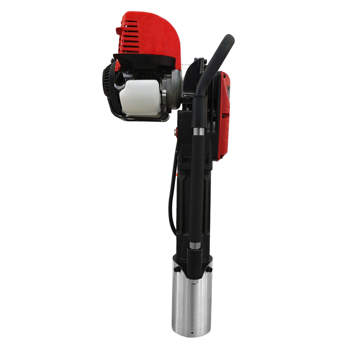 Kompakte T-Mech 4-Takt Pfahlramme in Rot und Schwarz, mit robustem Aluminiumzylinder und ergonomischem Griff für einfache Handhabung