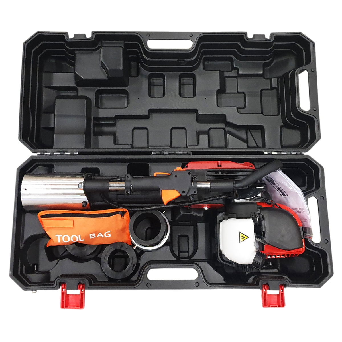 T-Mech 4-Takt Pfahlramme in einem stabilen schwarzen Koffer, mit orangefarbener Werkzeugtasche, glänzender Metalloberfläche und ergonomischem Griff