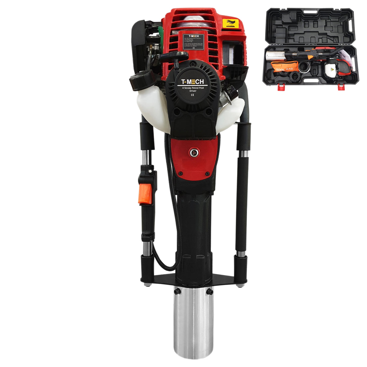 Kraftvolle T-Mech 4-Takt Pfahlramme in Rot und Schwarz mit Aluminiumrohr, ideal für Bauprojekte, im Lieferumfang enthalten ist ein praktischer Koffer