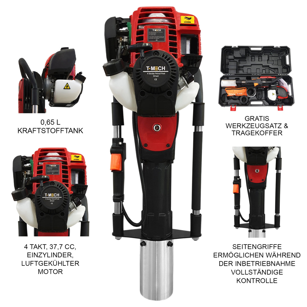 T-Mech 4-Takt Pfahlramme in Rot und Schwarz, mit robustem Metallkörper, 37,7 cc Motor, seitlichen Griffen und einem 0,65 L Kraftstofftank