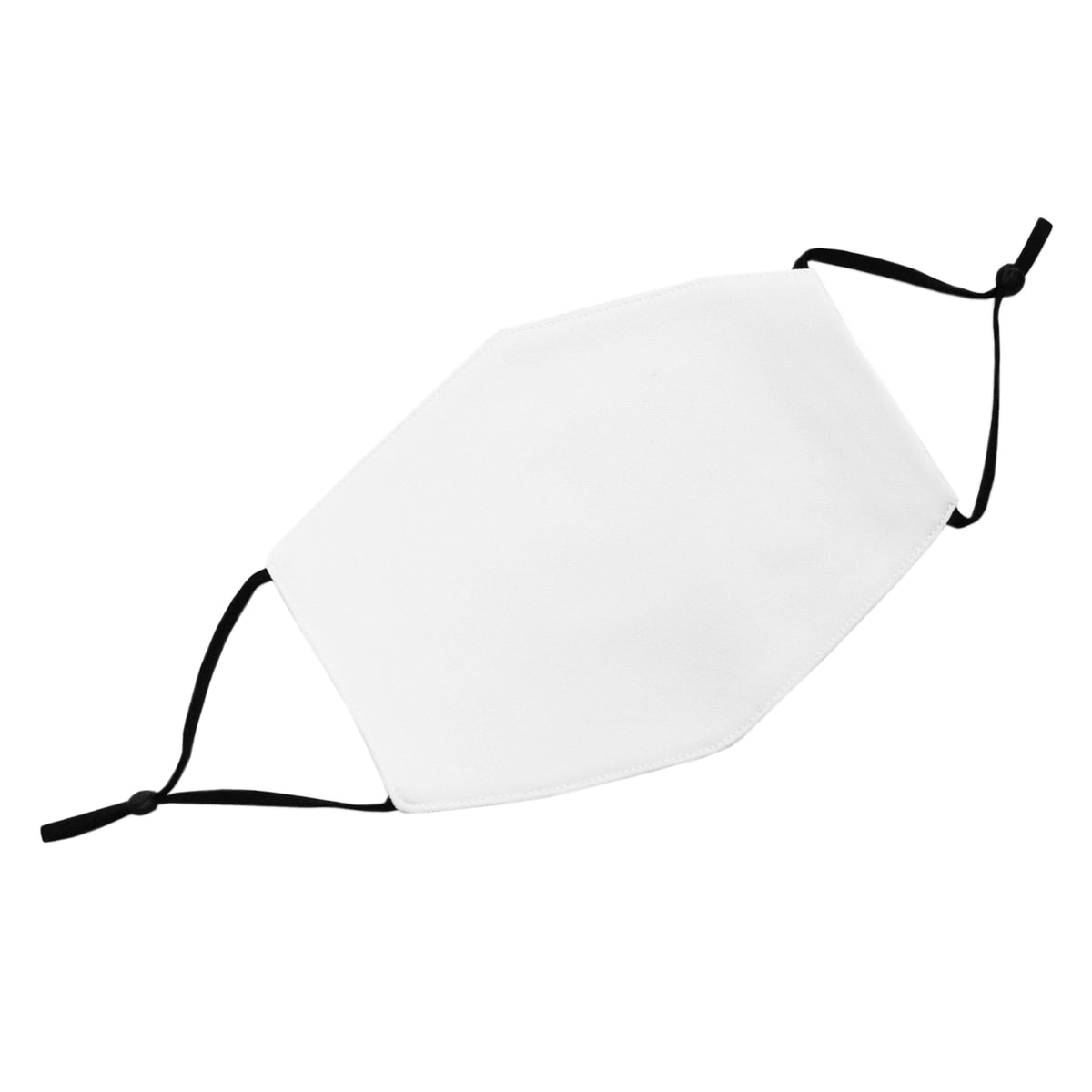 Zwei weiße Gesichtsmasken mit elastischen Bändern, ideal für Sublimationsdruck, in einer modernen, sechseckigen Form und aus weichem Material gefertigt