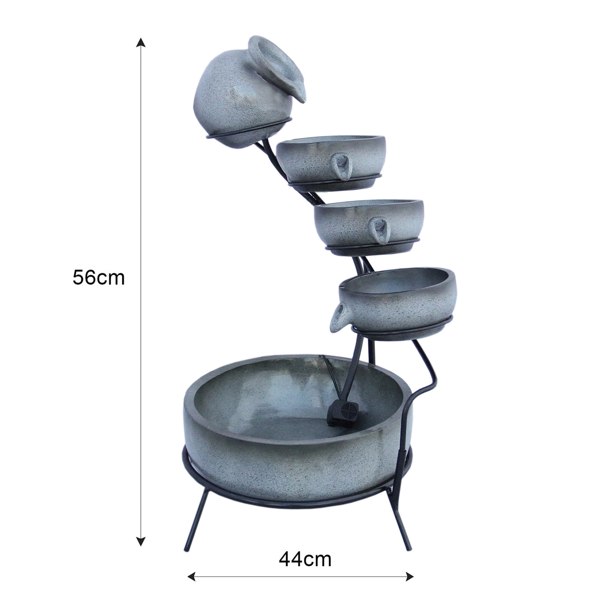 Eleganter grauer Solar Kaskadenbrunnen mit Akku, vier Töpfen in unterschiedlichen Höhen, aus robustem Material, ideal für Garten oder Terrasse