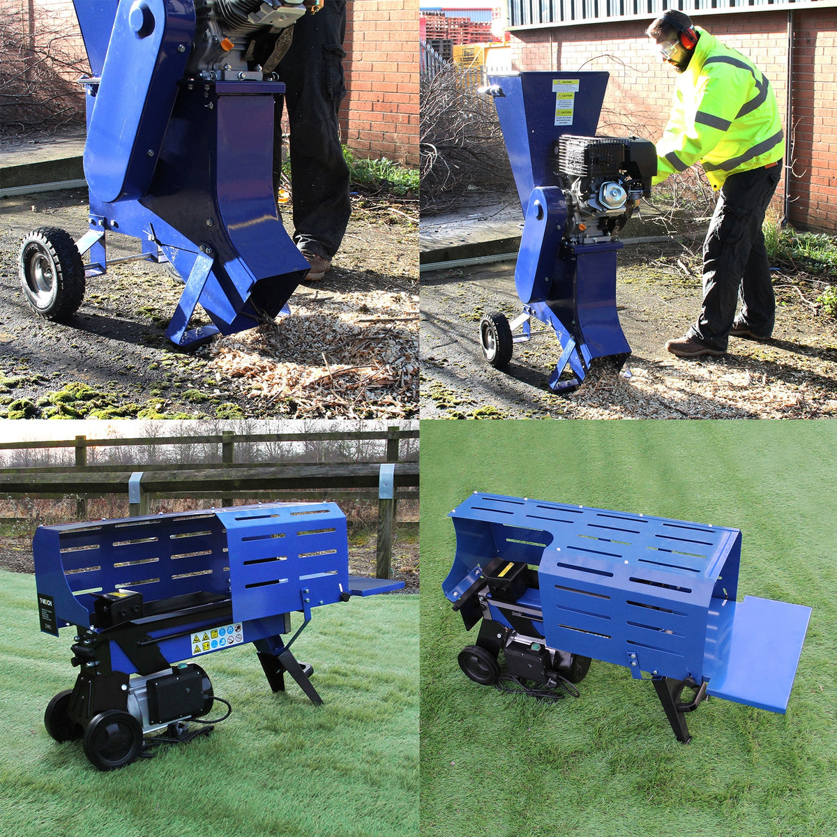 Blauer T-Mech Holzspalter mit robustem Design, 370 mm Schneidkapazität, und leistungsstarker 15 PS Holzhackmaschine, ideal für Gartenarbeiten
