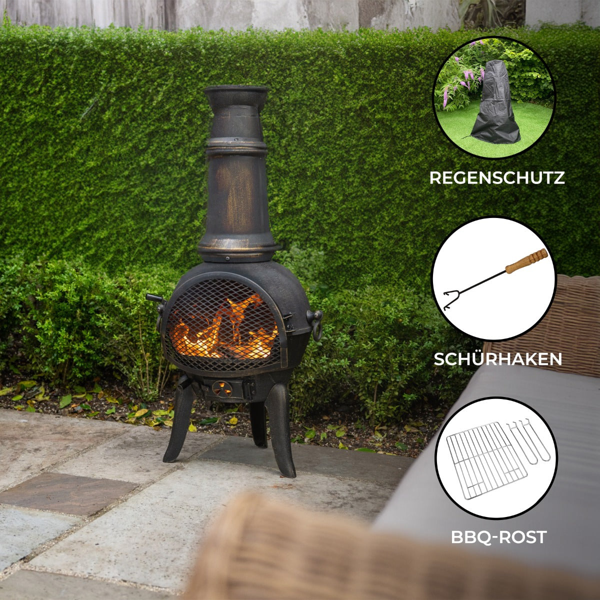 Gusseisen Terrassenofen mit rustikaler Oberfläche, schwarzer Farbe, rauchigem Schornstein und flammendem Feuer, ideal für gemütliche Abende im Freien