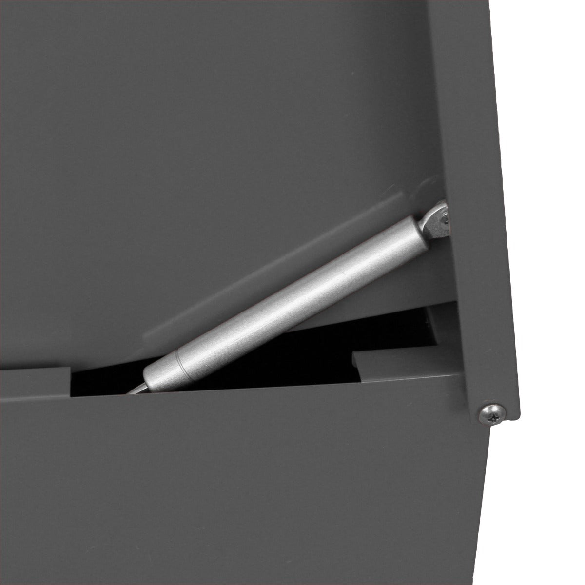 Grau Paketkasten mit robustem Material, schmaler Form und einem stabilen Gasdruckdämpfer für sanftes Öffnen und Schließen