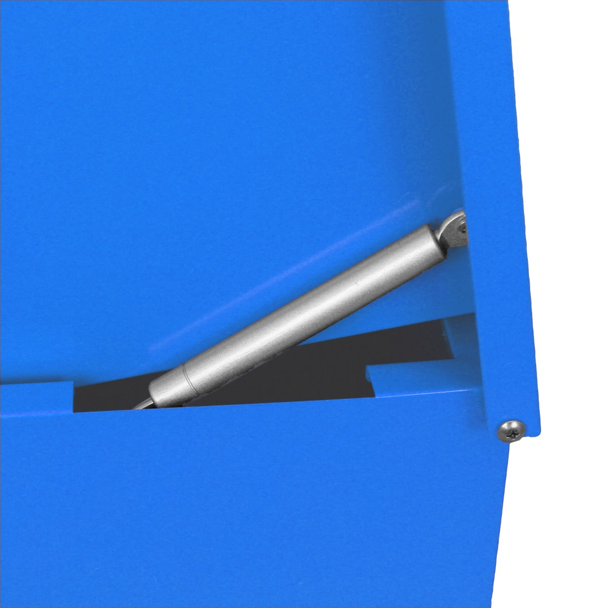 Robuster Paketkasten in leuchtendem Blau mit silbernem Gasdruckdämpfer, ideal für die sichere Aufbewahrung von Paketen im Freien