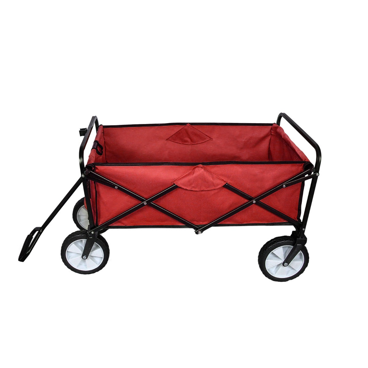 Faltbarer Gartenwagen in leuchtendem Rot mit robustem, schwarzem Metallrahmen und großen, stabilen Rädern für einfachen Transport im Garten