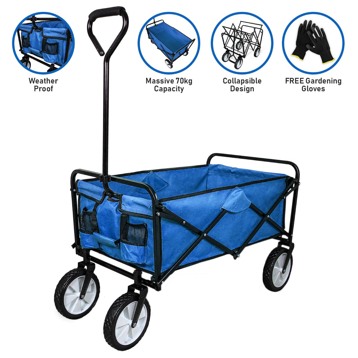 Faltbarer Gartenwagen in Blau mit robustem, wetterfestem Material, schwarzem Metallrahmen, großen Rädern und praktischem Stauraum für Gartenwerkzeuge