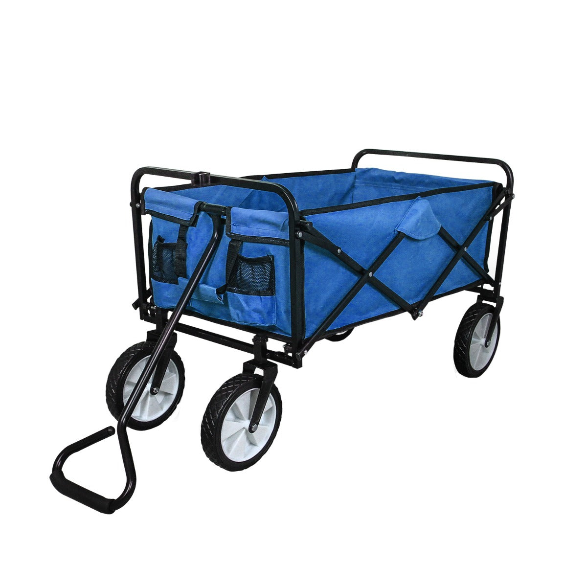 Faltbarer Gartenwagen in Blau mit stabiler schwarzer Metallrahmen, großen weißen Rädern und praktischen Taschen an den Seiten