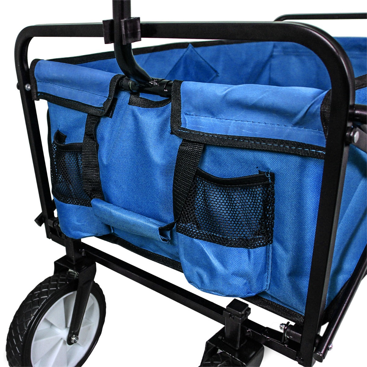Faltbarer Gartenwagen in Blau mit stabiler Metallstruktur, großen Rädern und praktischen Seitentaschen aus Netzmaterial für zusätzlichen Stauraum