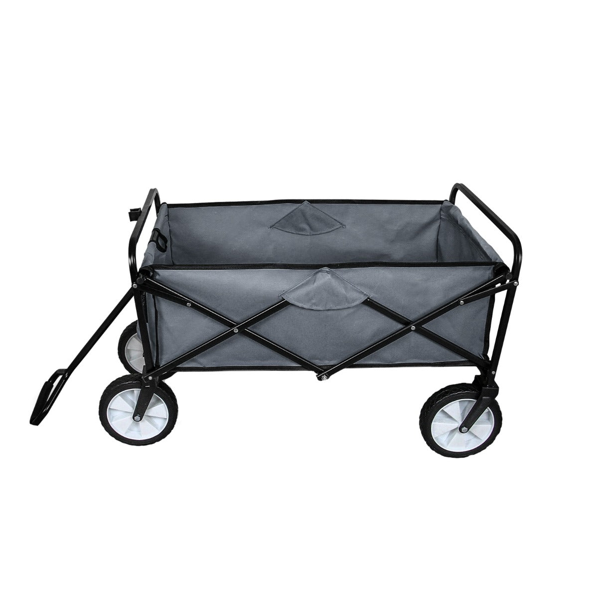Faltbarer Gartenwagen in Grau mit robustem Stoff, schwarzem Metallrahmen und großen, stabilen Rädern für einfachen Transport und vielseitige Nutzung