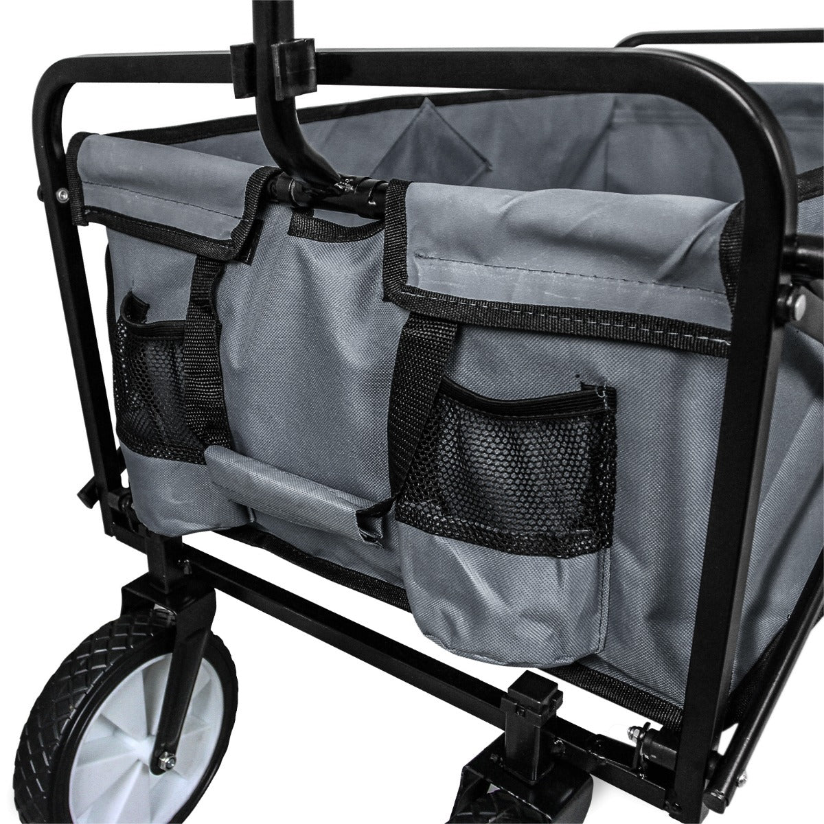 Faltbarer Gartenwagen in Grau mit stabiler Metallstruktur, weichem Innenfutter und praktischen Netztaschen für zusätzlichen Stauraum
