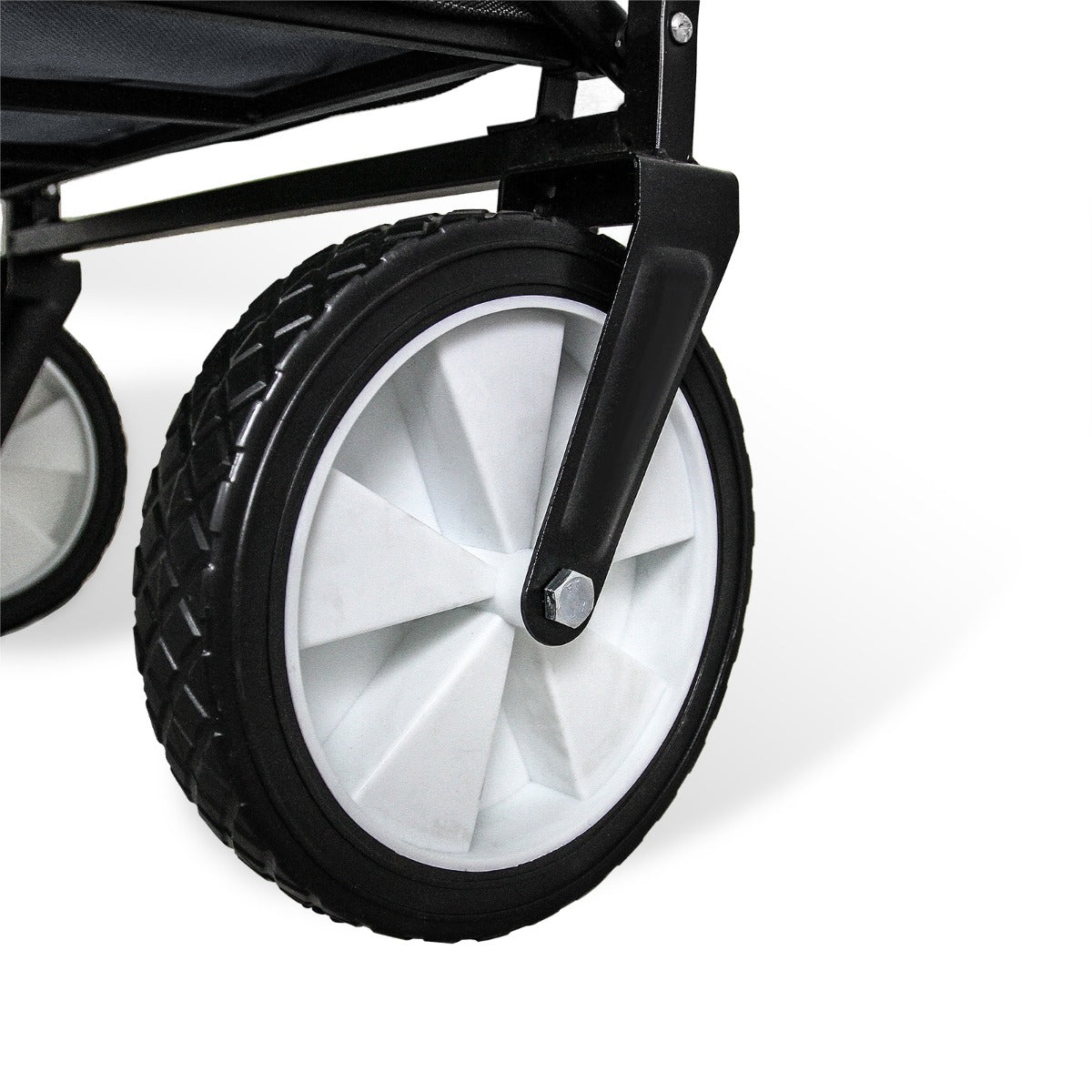 Grauer faltbarer Gartenwagen mit robusten, großen Rädern und stabiler Konstruktion, ideal für den Transport von Gartenutensilien und Einkäufen