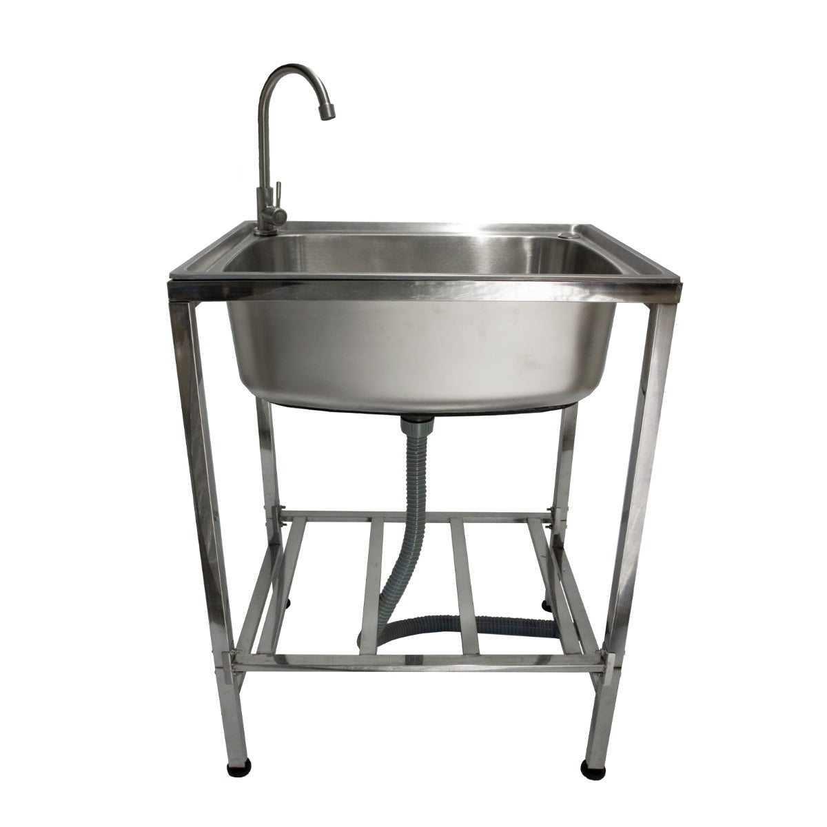 Edelstahl Camping-Spüle mit glänzender Oberfläche, rechteckiger Form, stabiler Rahmen und einem flexiblen Wasserhahn für Outdoor-Nutzung