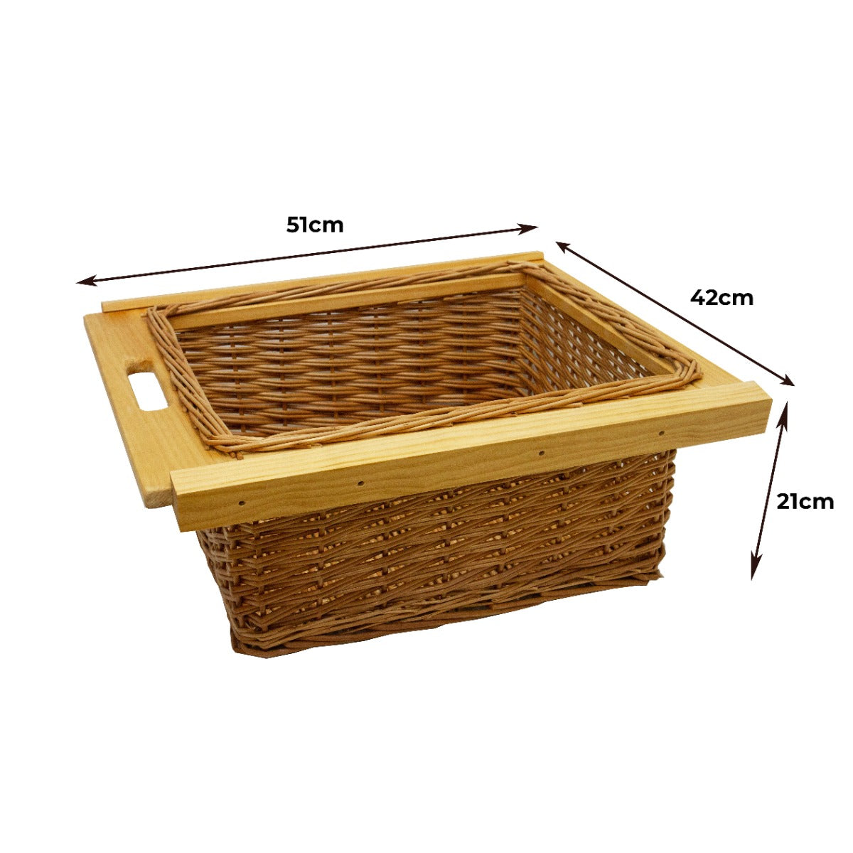 Ausziehbarer Weidenkorb mit Holzrahmen, 51 cm lang, 42 cm breit und 21 cm hoch, ideal für die Aufbewahrung und Organisation in Schränken