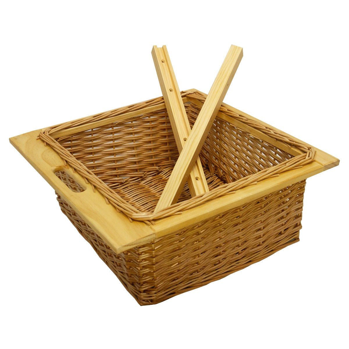 Zwei ausziehbare Weidenkörbe mit Holzrahmen, geflochten in warmen Brauntönen, ideal für die Aufbewahrung und Organisation im Schrank