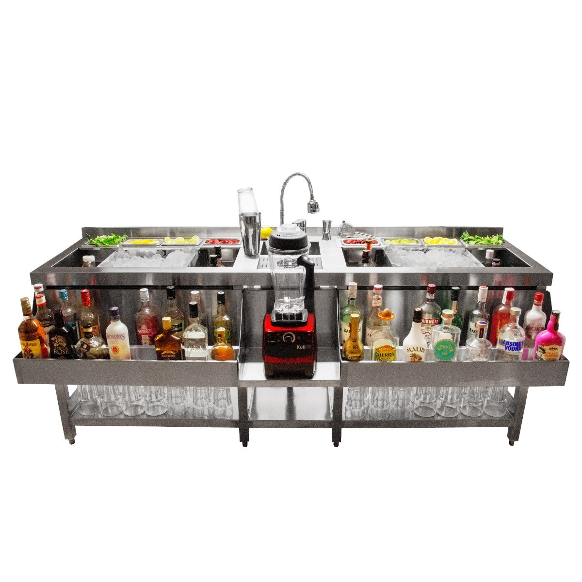 Elegante Doppel Cocktail-Bar Station aus Edelstahl mit Eis, Gläsern und einer Vielzahl von Spirituosen und frischen Zutaten in bunten Fächern