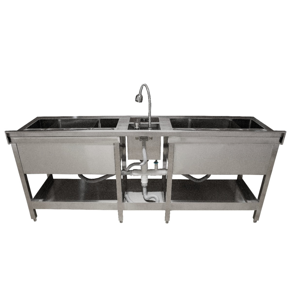 Doppel Cocktail-Bar Station aus Edelstahl mit zwei großen Becken, einem mittigen Wasserhahn und stabiler Unterkonstruktion für professionelle Nutzung