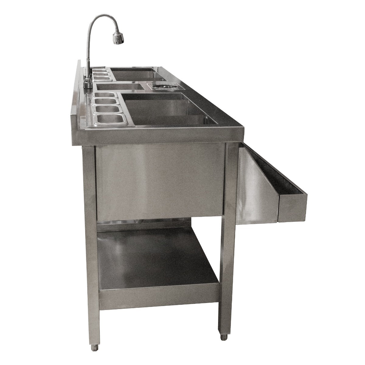 Elegante, rostfreie Doppel Cocktail-Bar Station mit zwei Becken, einem Wasserhahn und einer praktischen Schublade für Zubehör, ideal für professionelle Bars