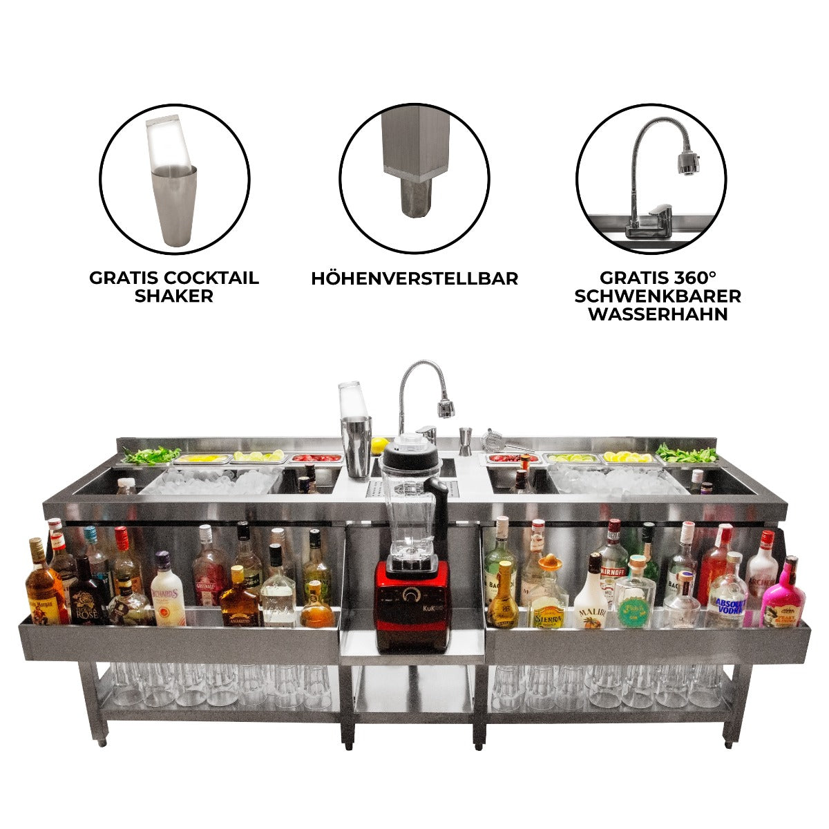 Elegante KuKoo Doppel Cocktail-Bar Station aus Edelstahl mit zwei Eisfächern, verstellbarem Wasserhahn und Cocktailschüttler, ideal für Partys