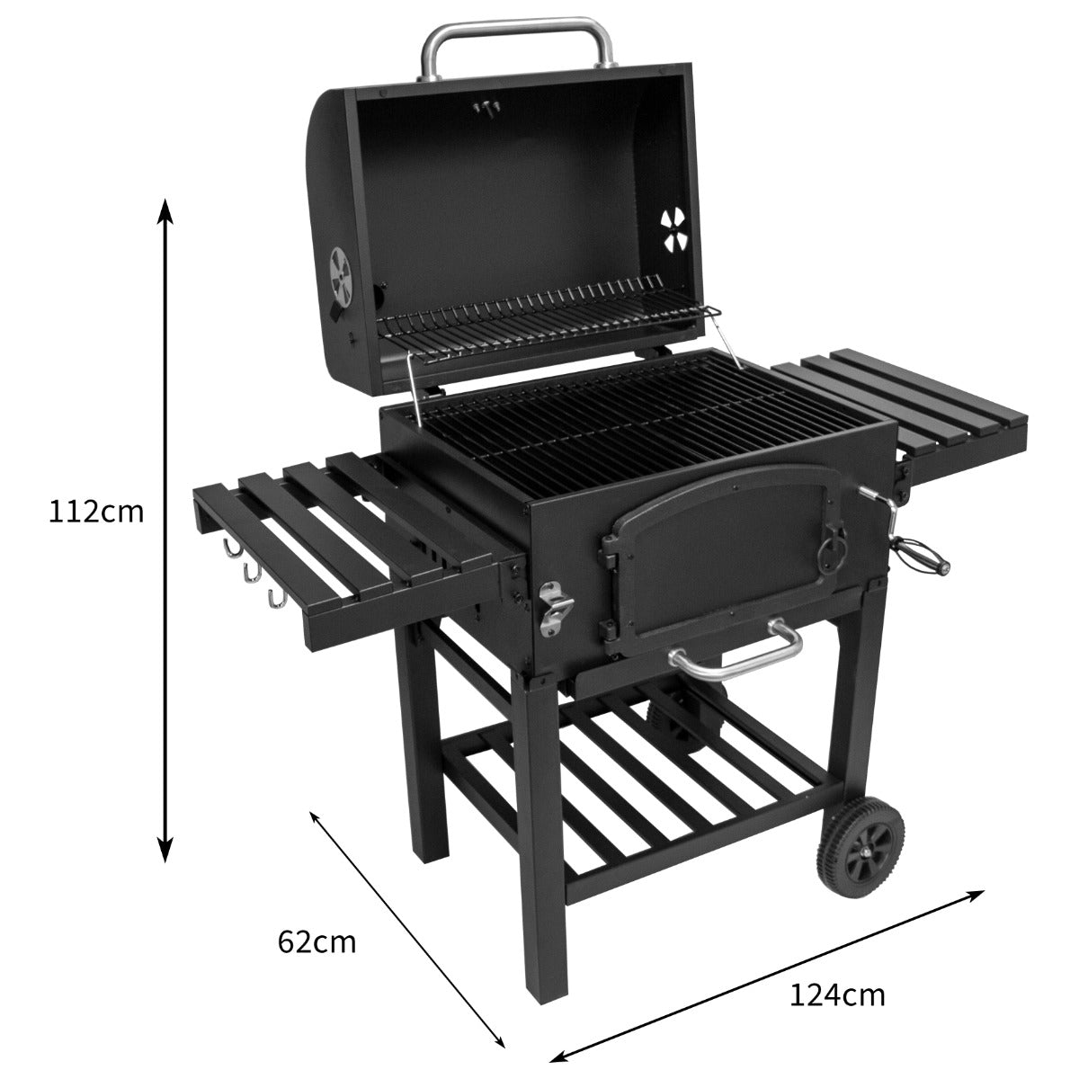 XL Holzkohlegrill Smoker in Schwarz mit klappbaren Seitentischen, Grillrost und robustem Gestell, ideal für Grillabende im Freien