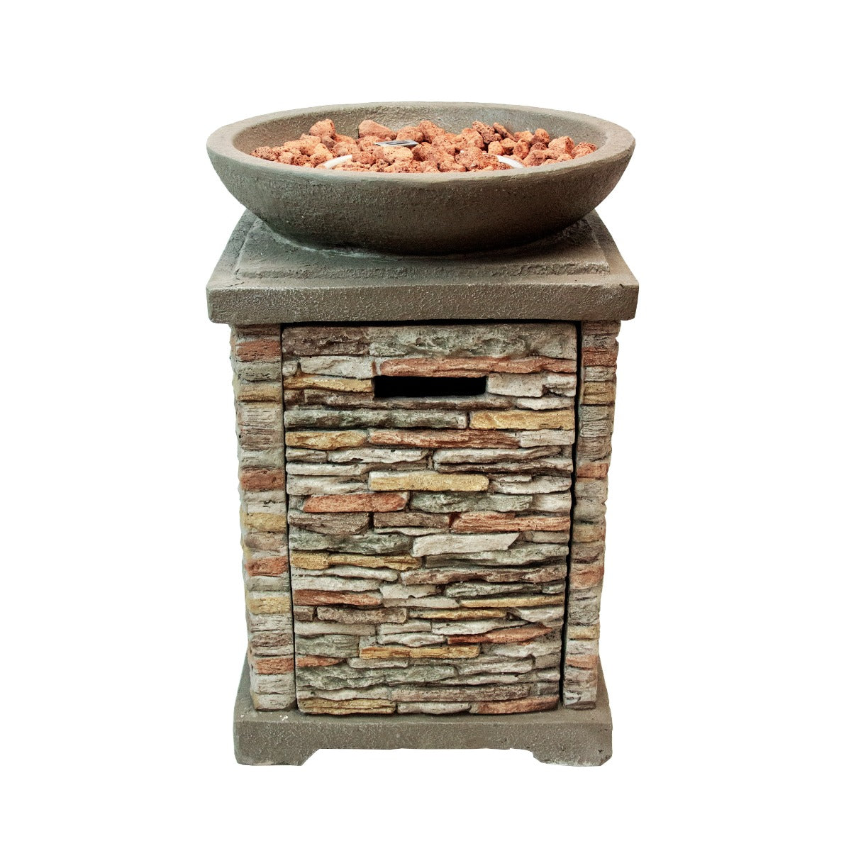 Gas Feuerstelle aus Stein mit runder, flacher Schale, rustikalem Steinmuster und grauer, robuster Struktur, ideal für Garten und Terrasse