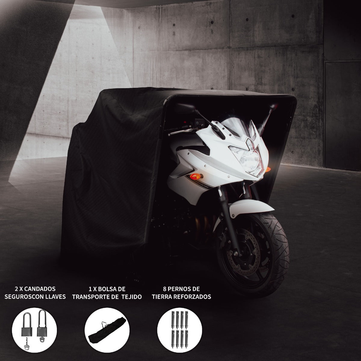 Schwarzes Motorrad Garagenzelt XL mit stabiler Struktur, schützt vor Witterungseinflüssen, ideal für die sichere Aufbewahrung von Motorrädern
