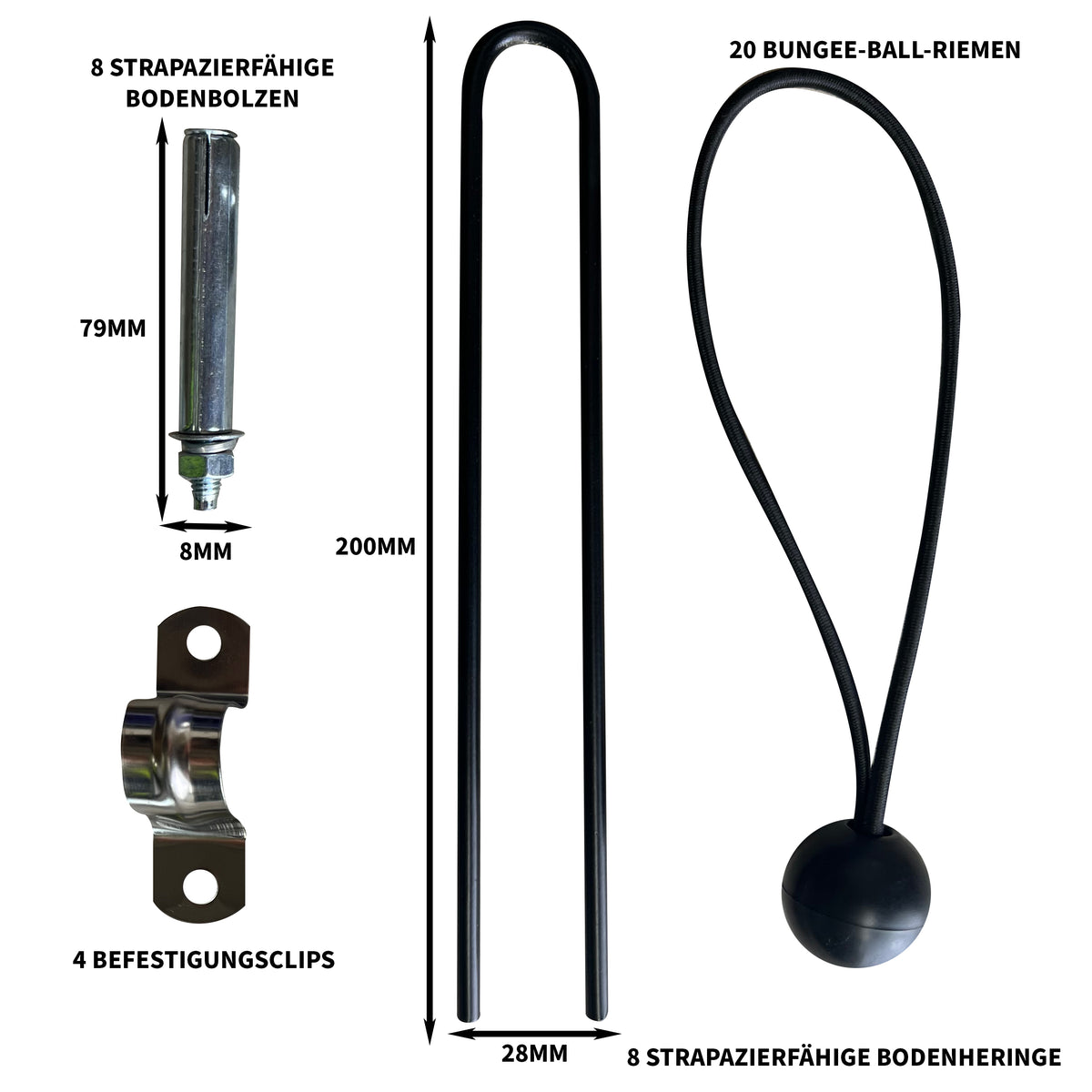 Große Fahrradzelt-Zubehör mit 8 strapazierfähigen Bodenbolzen, 4 Befestigungsclips, 20 Bungee-Riemen und robusten Materialien in Schwarz und Silber