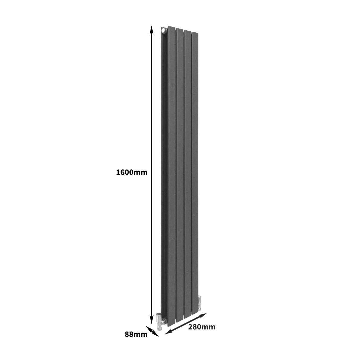 Paneelheizkörper in Anthrazit Grau, schlankes Design mit vertikalen Lamellen, Maße 1600mm x 280mm, ideal für moderne Wohnräume