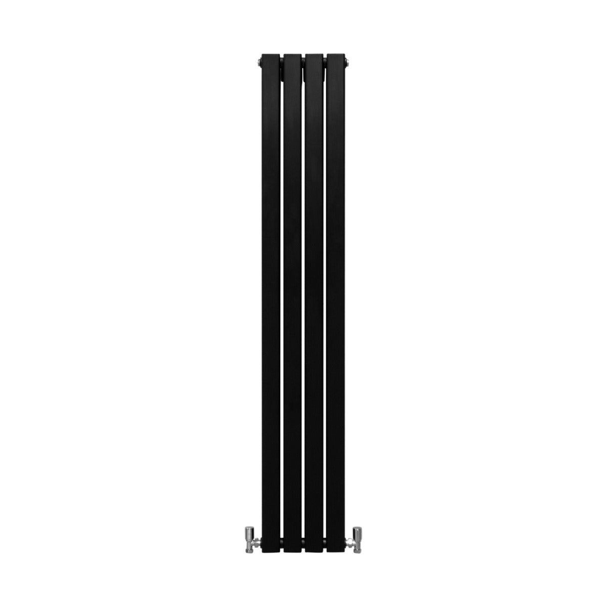 Eleganter, mattschwarzer Paneelheizkörper mit vier vertikalen Lamellen, 1600 mm hoch und 280 mm breit, ideal für moderne Wohnräume