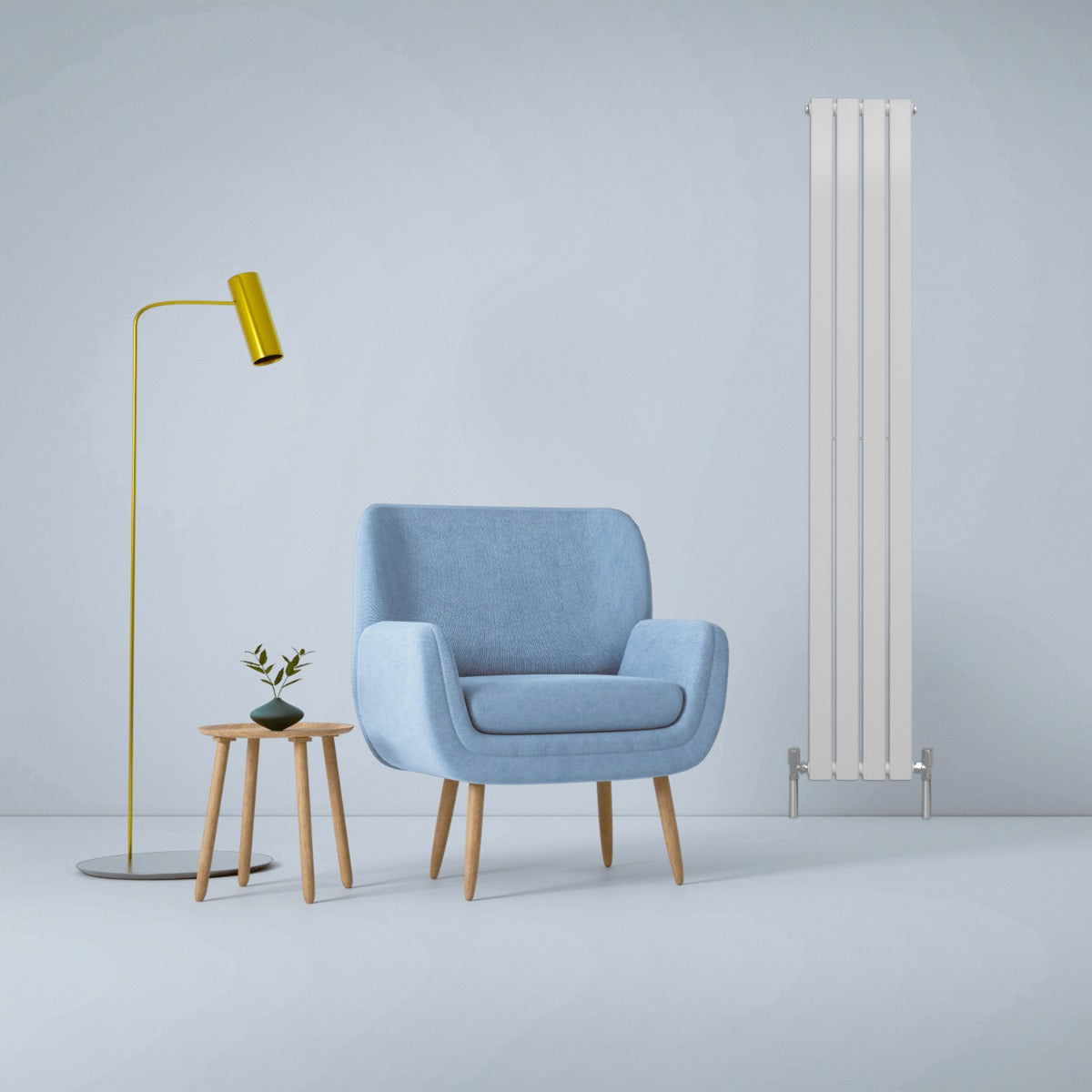 Paneelheizkörper in glänzendem Weiß, 1800mm x 280mm, neben einem blauen Sessel und einer Stehlampe, modern und elegant in einem hellen Raum