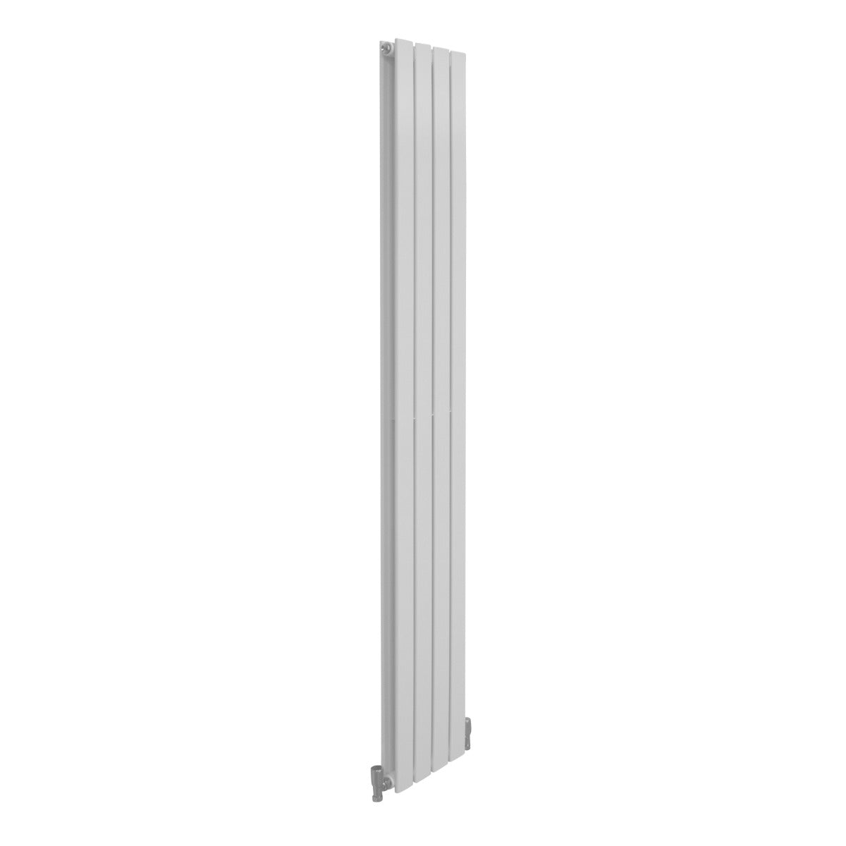 Hochformatiger, glänzender weißer Paneelheizkörper mit glatten, vertikalen Lamellen, Maße 1800mm x 280mm, ideal für moderne Räume