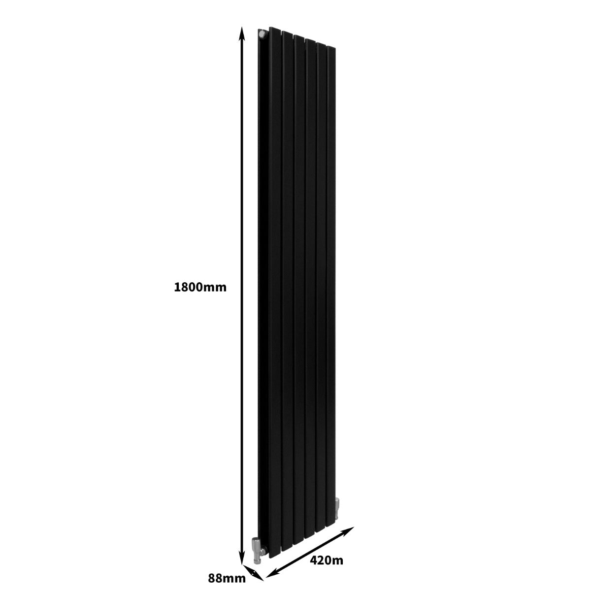 Eleganter, matte schwarzer Paneelheizkörper mit den Maßen 1800mm x 420mm, vertikales Design und schlanke, geriffelte Oberfläche für moderne Innenräume