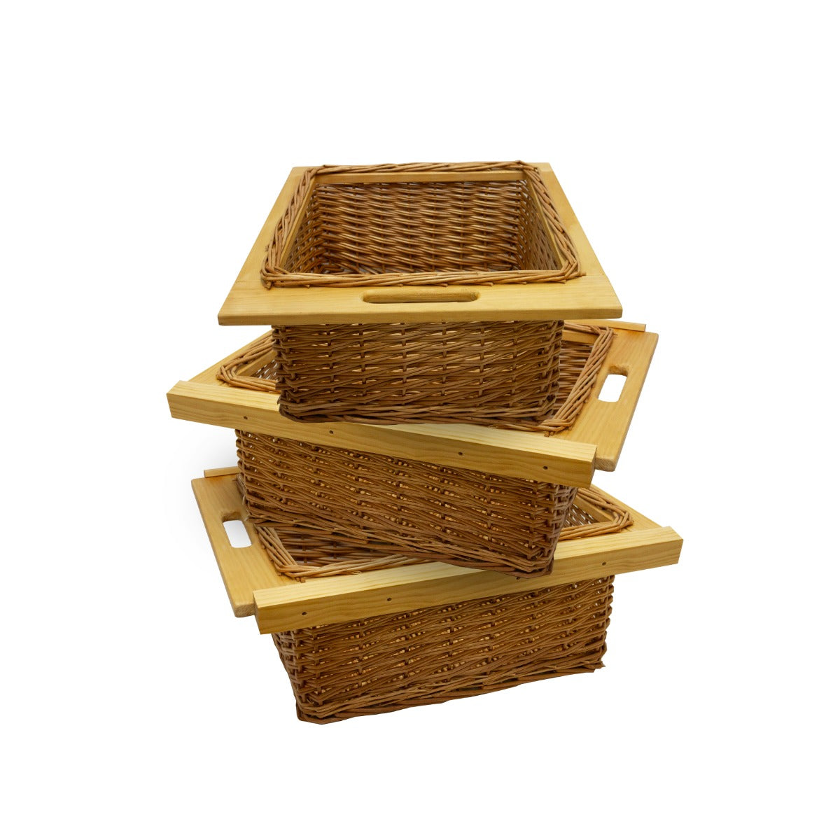 Drei ausziehbare Weidenkörbe mit Holzrahmen, in warmen Brauntönen, ideal für die Aufbewahrung und Organisation in Schränken