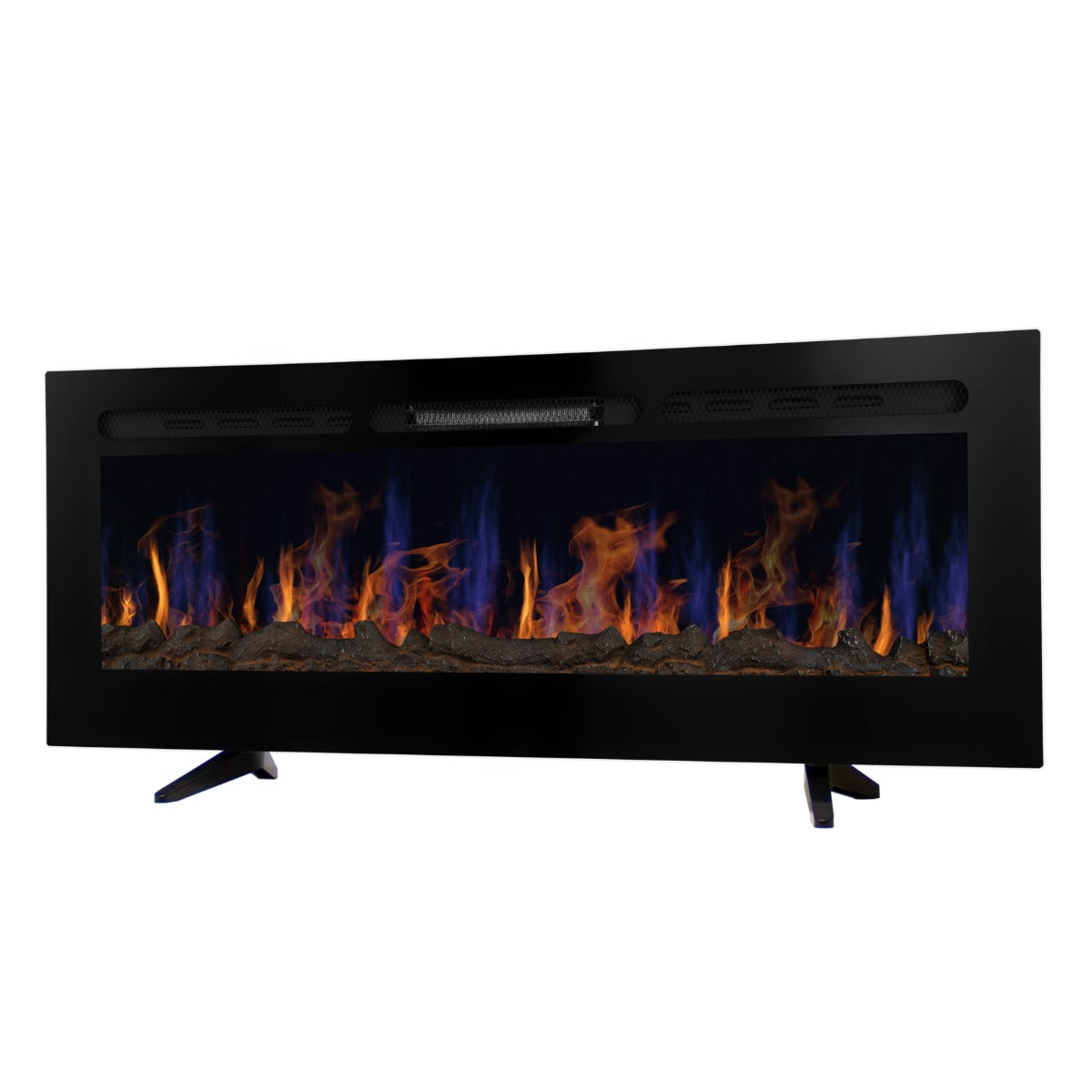 Eleganter Einbau Elektrokamin in Schwarz mit lebhaften blauen und orangefarbenen Flammen, realistischer Steinoptik und modernem Design, ideal für Wände