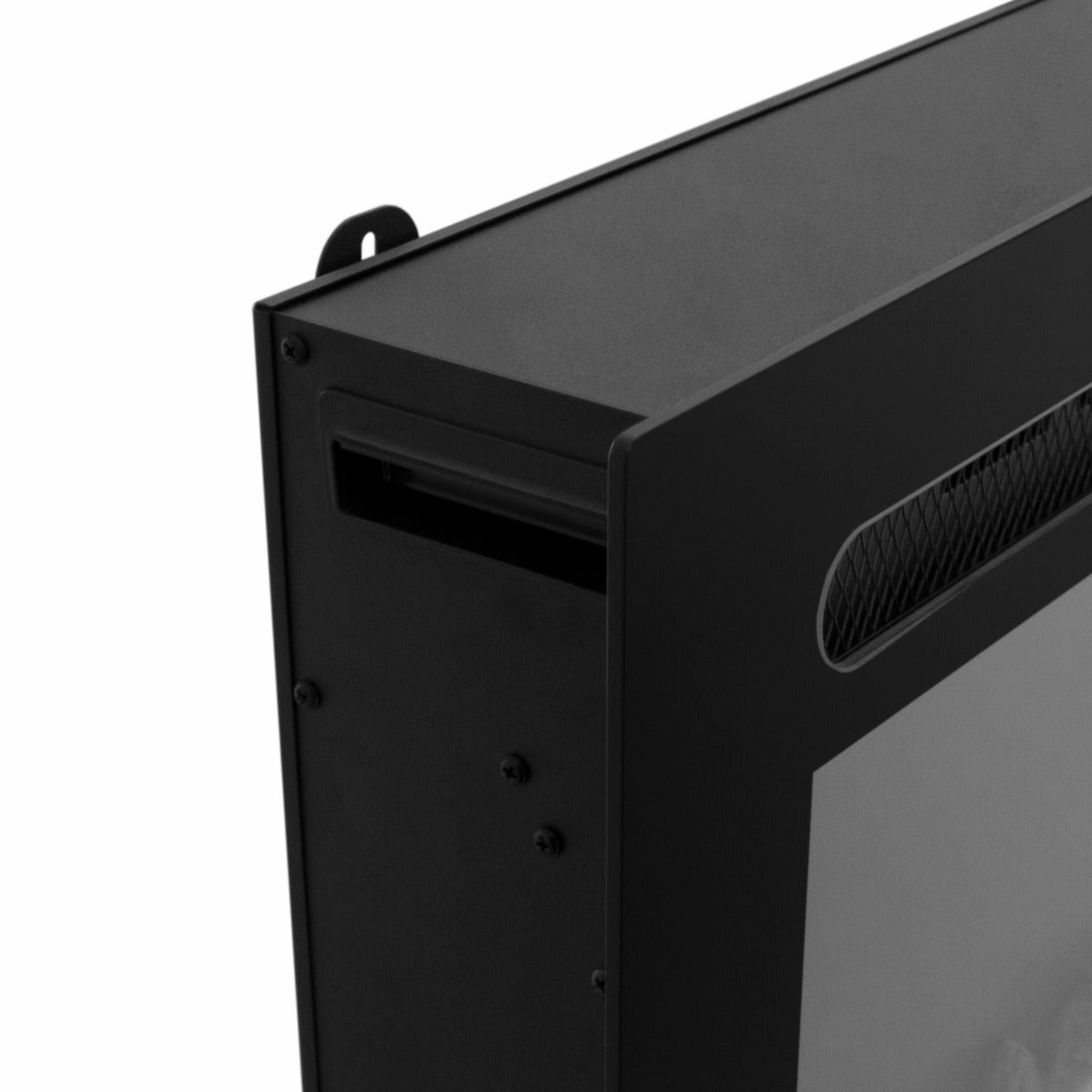 Eleganter, schwarzer Einbau Elektrokamin mit modernem Design, flacher Oberfläche und realistischer Flammenoptik für stilvolle Wandmontage