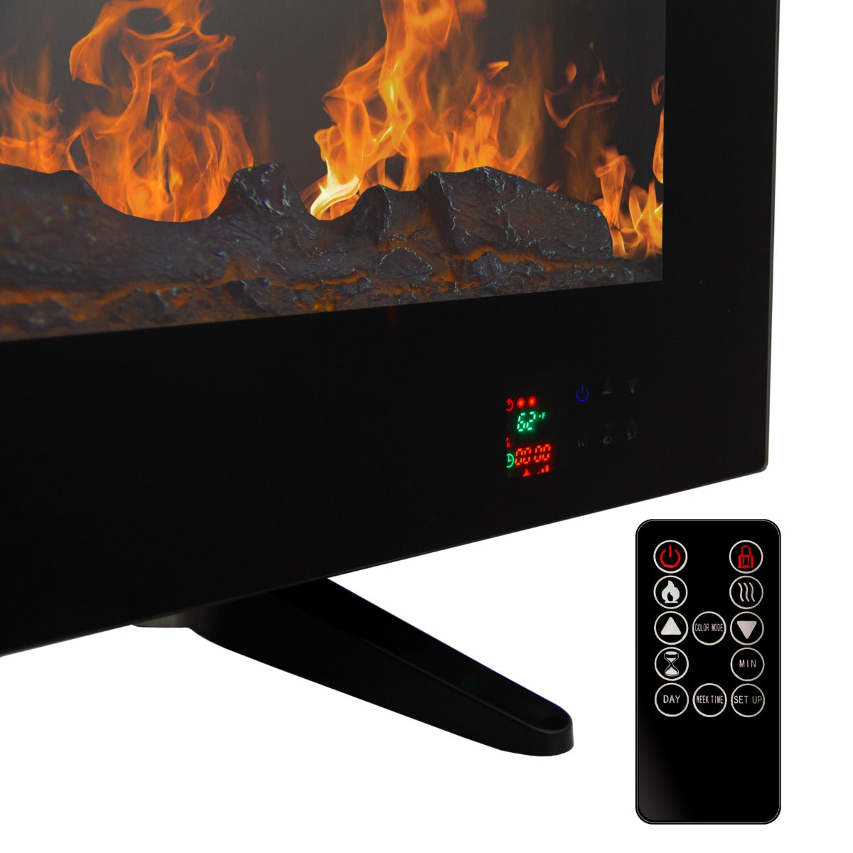 Einbau Elektrokamin in Schwarz mit realistischer Flammenanimation, Fernbedienung und eleganter, moderner Optik für stilvolle Wohnräume