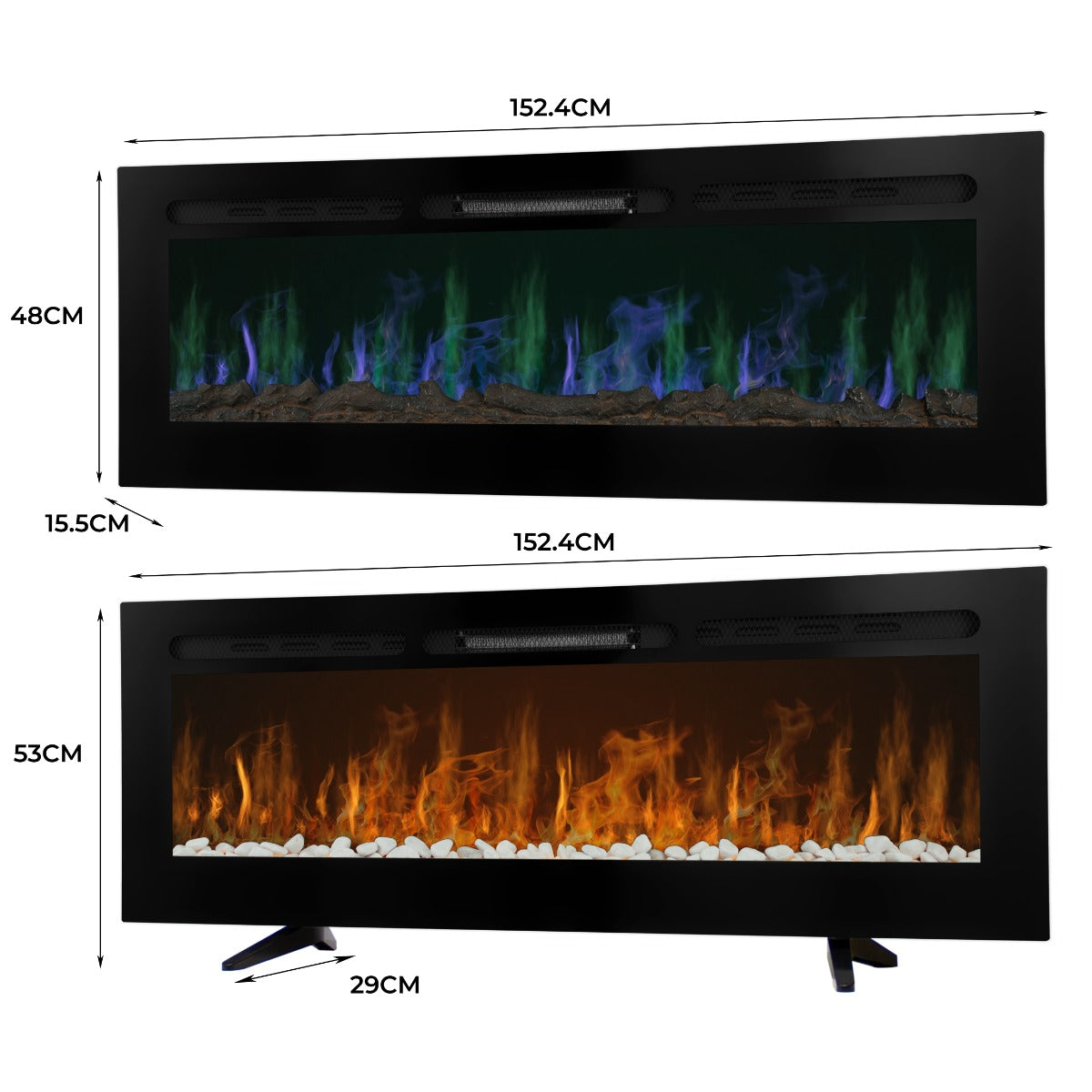 Ein moderner Einbau Elektrokamin mit zwei verschiedenen Flammenfarben, schwarzem Gehäuse, realistischer Steinoptik und eleganten Abmessungen von 152 cm
