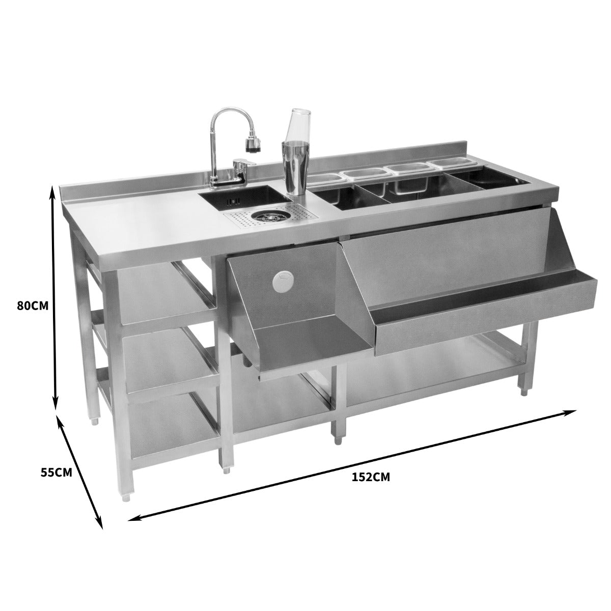 Elegante Cocktail-Bar-Station aus Edelstahl, mit Spüle, Ablagefächern und drei Behältern, ideal für professionelle Mixologen und Partys