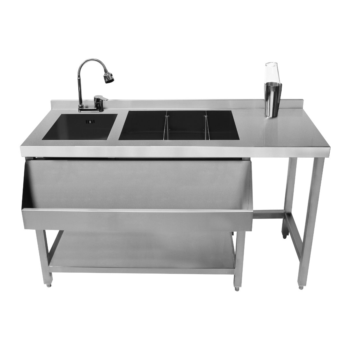 Moderne Cocktail-Bar Station aus Edelstahl mit zwei Spülbecken, einer praktischen Ablage und einem stilvollen Shaker auf der Arbeitsfläche