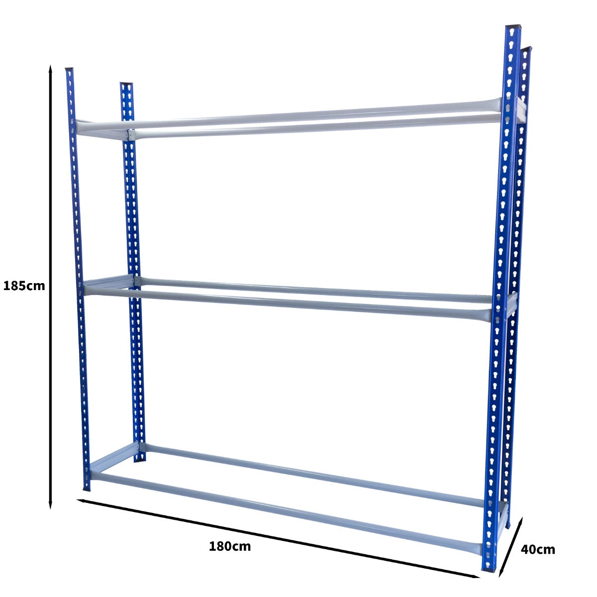 Robustes T-Rax Autoreifenregal in Blau mit drei stabilen Ablagen, ideal für die Aufbewahrung von Reifen, Maße: 185 cm hoch, 180 cm breit, 40 cm tief