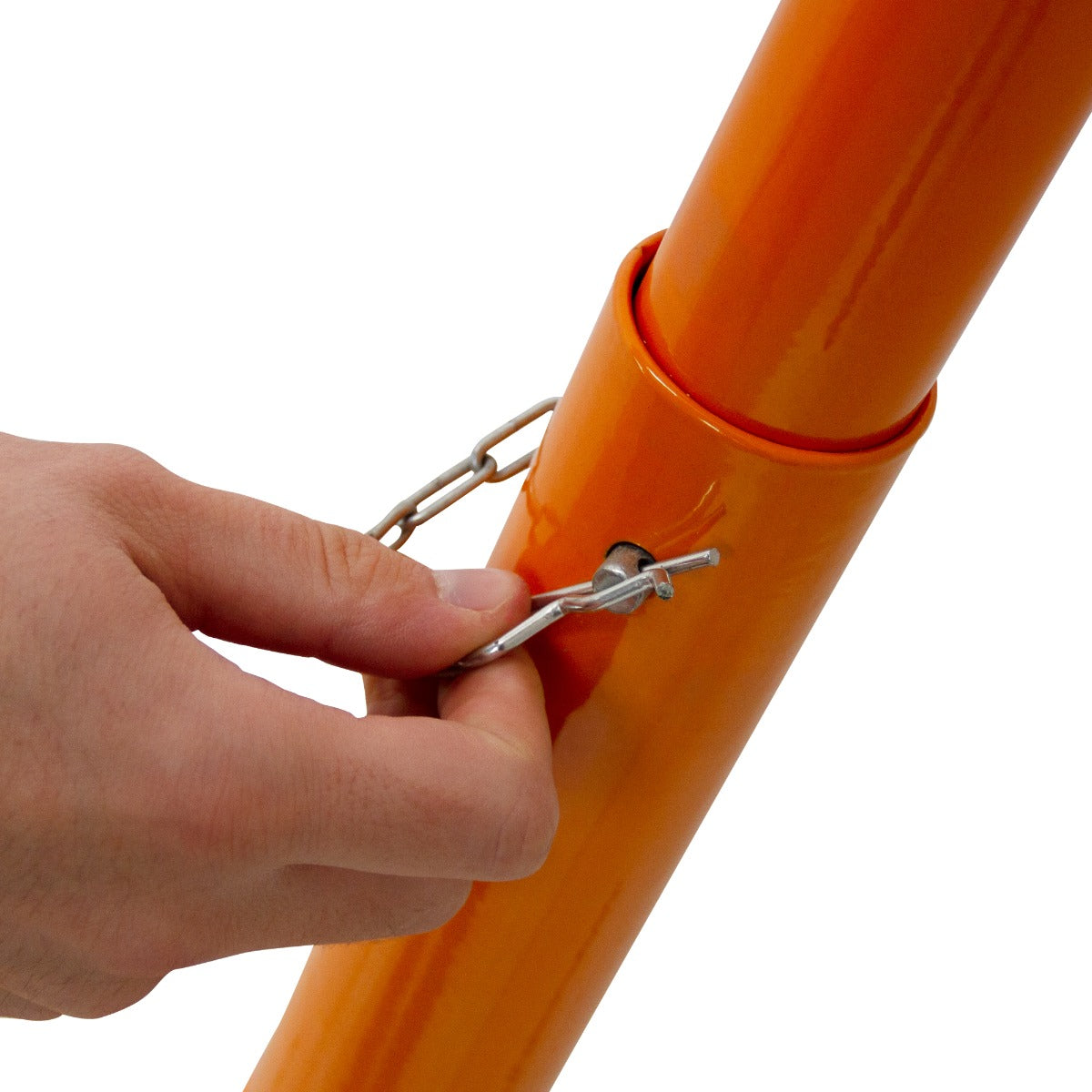 Der T-Mech 330mm Steinknacker zeigt eine orangefarbene, robuste Metallkonstruktion mit einem Handgriff und einem Sicherheitsverschluss aus Metall
