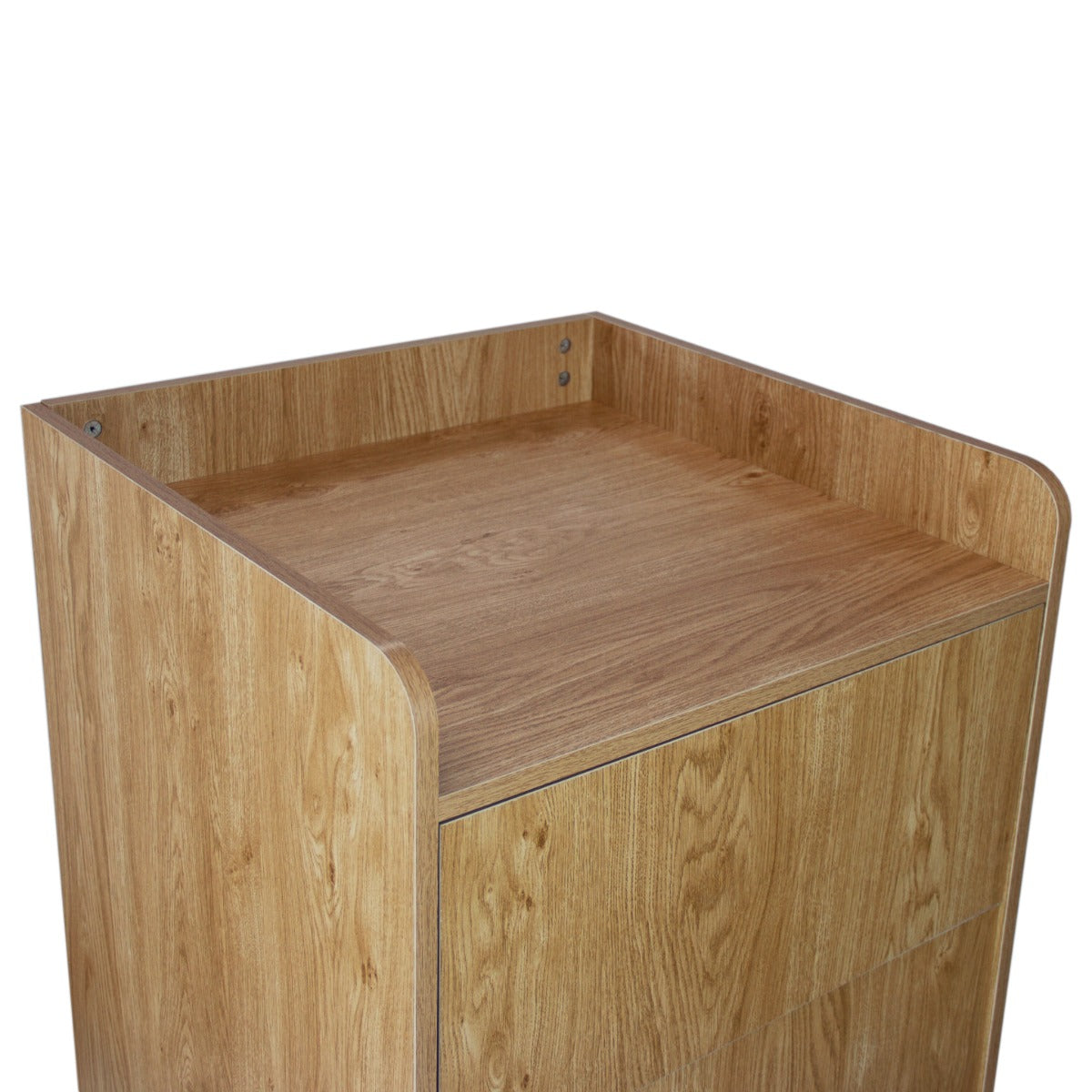 Abfallbehälter und Tablettablage aus heller Eiche mit glatter, natürlicher Holzoberfläche und abgerundeten Kanten für modernes Design