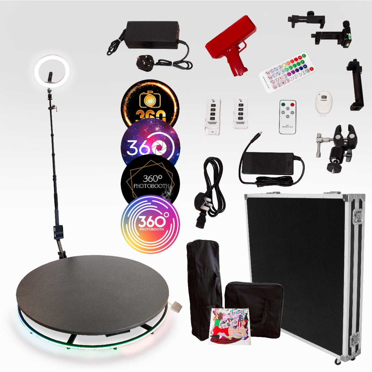 360 Grad Fotokabine mit 115 cm drehbarem Podest, LED-Ringlicht, Fernbedienungen und Zubehör in einem stabilen Koffer, ideal für Events und Fotografie