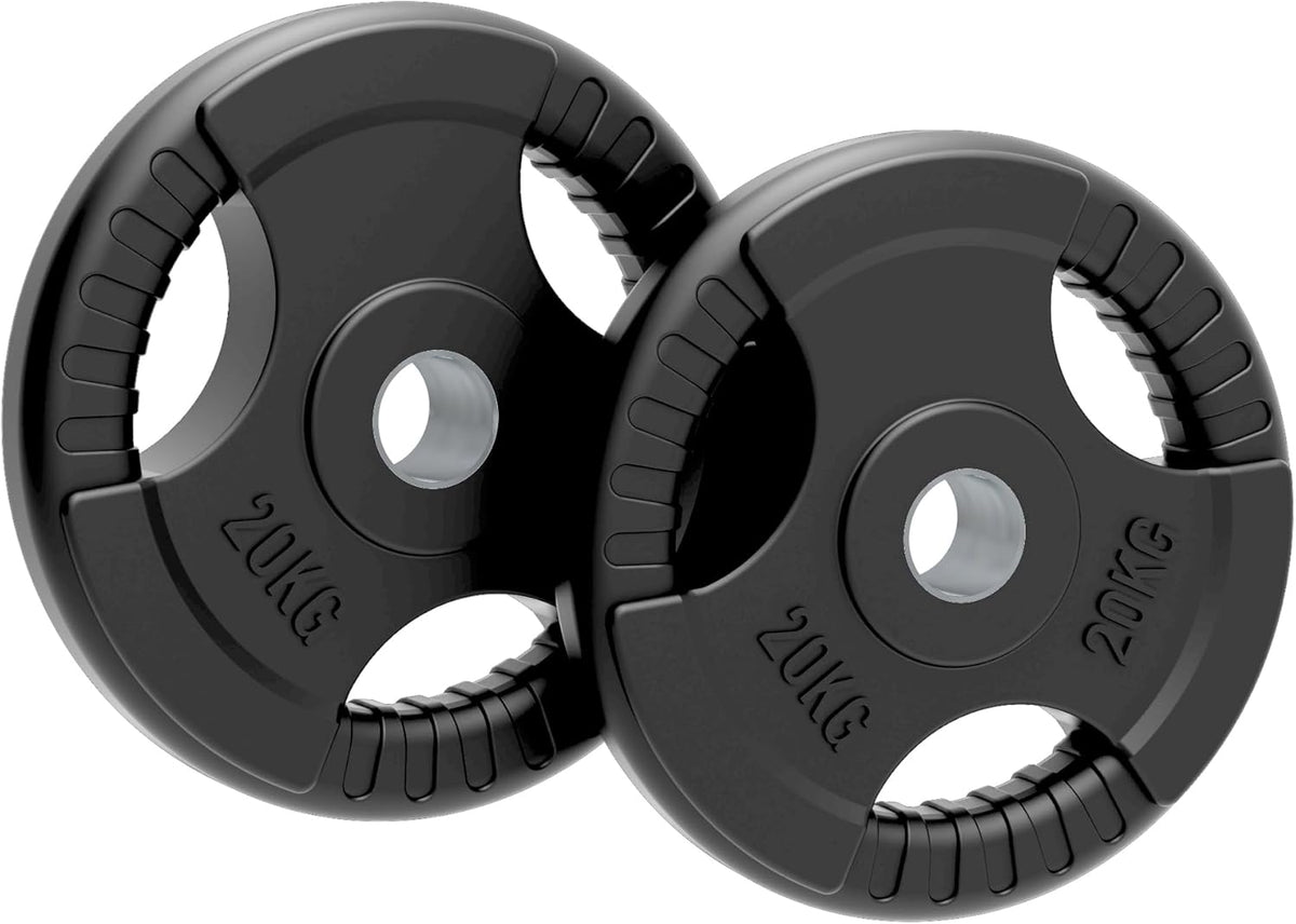 Zwei gummierte Olympia Hantelscheiben mit Tri-Grip, jeweils 25 kg, in schwarzer Farbe, mit rutschfestem Griff und präzisen Gewichtsinformationen